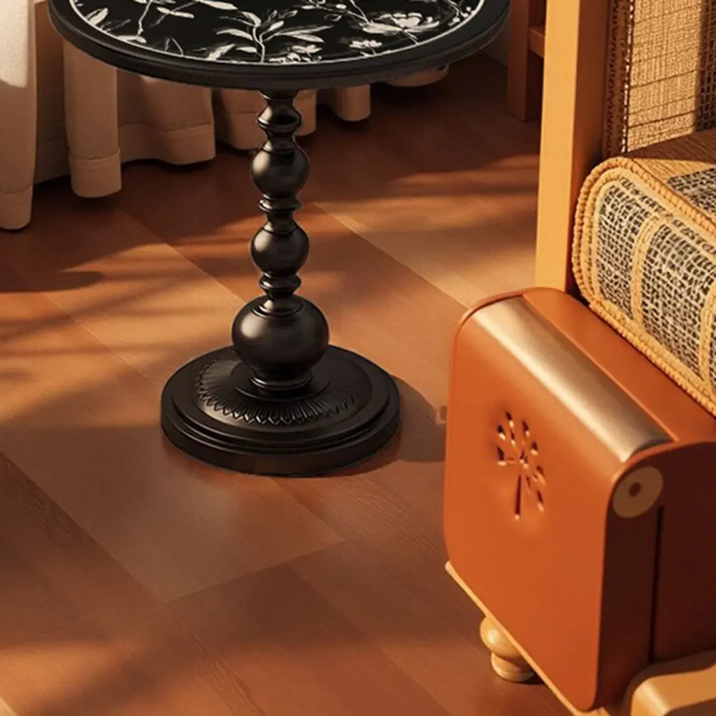 Mid-Century Modern Black Wood Round Pedestal Side Table