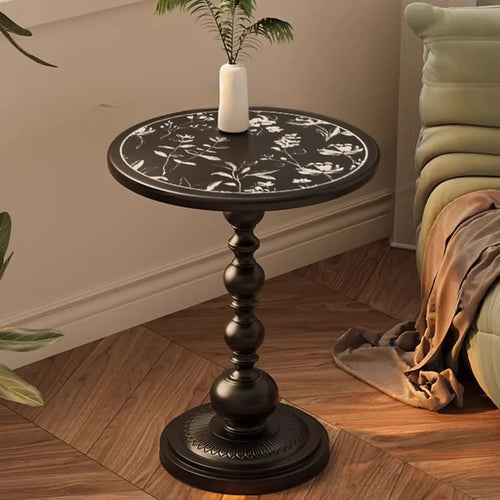 Mid-Century Modern Black Wood Round Pedestal Side Table