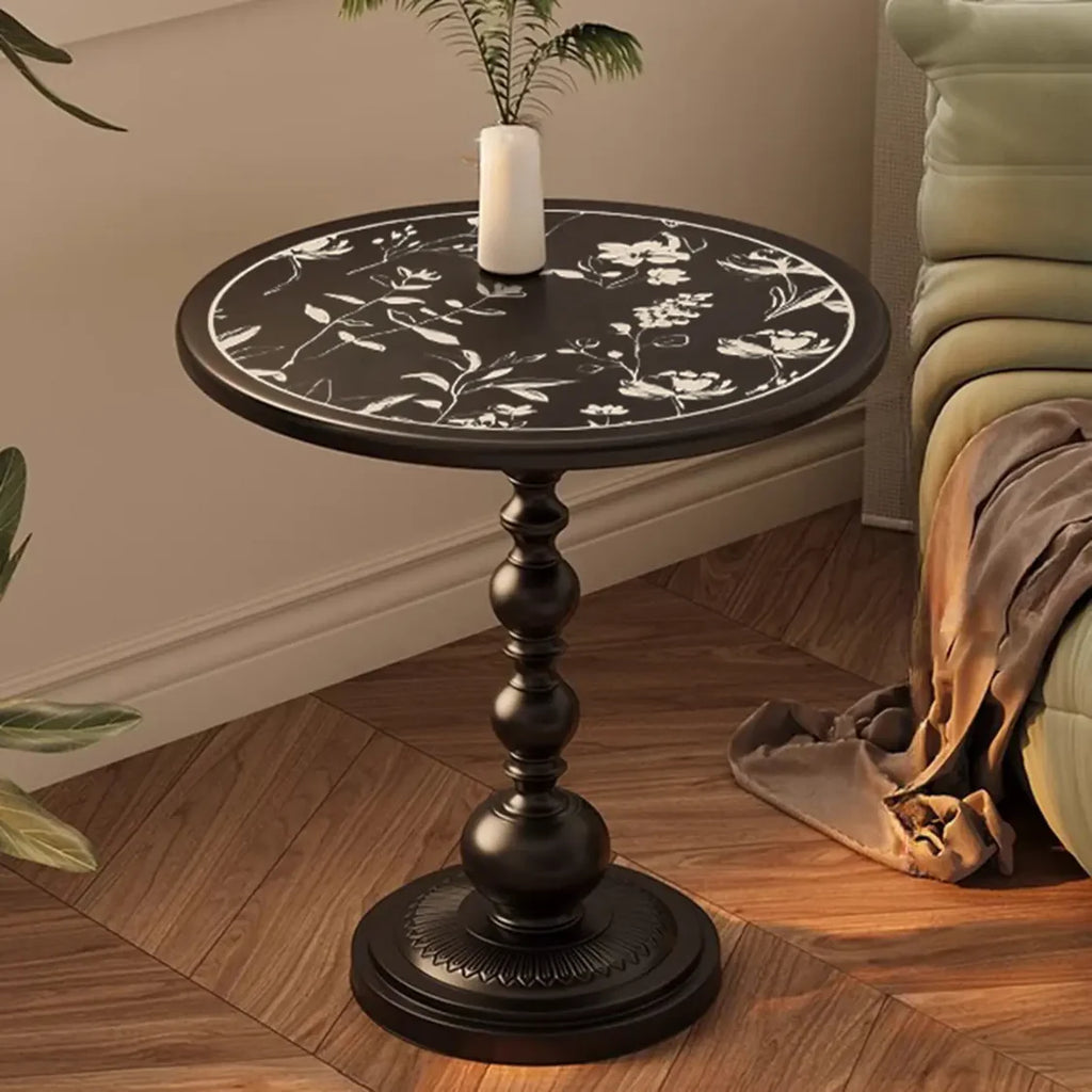 Mid-Century Modern Black Wood Round Pedestal Side Table