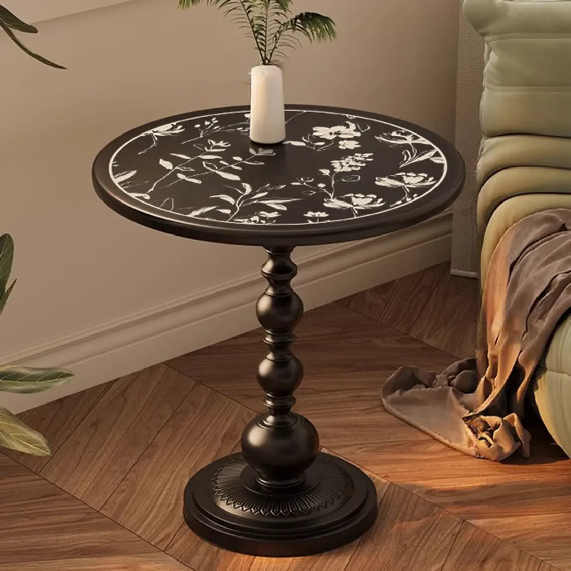 Mid-Century Modern Black Wood Round Pedestal Side Table