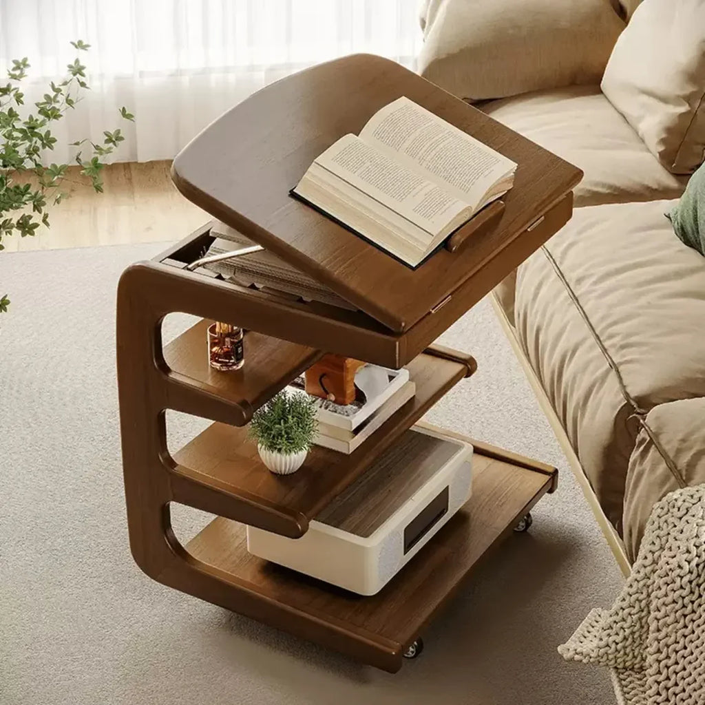 Multi-Tier Brown Wooden Side Table with Storage and Wheels