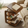 Multi-Tier Brown Wooden Side Table with Storage and Wheels