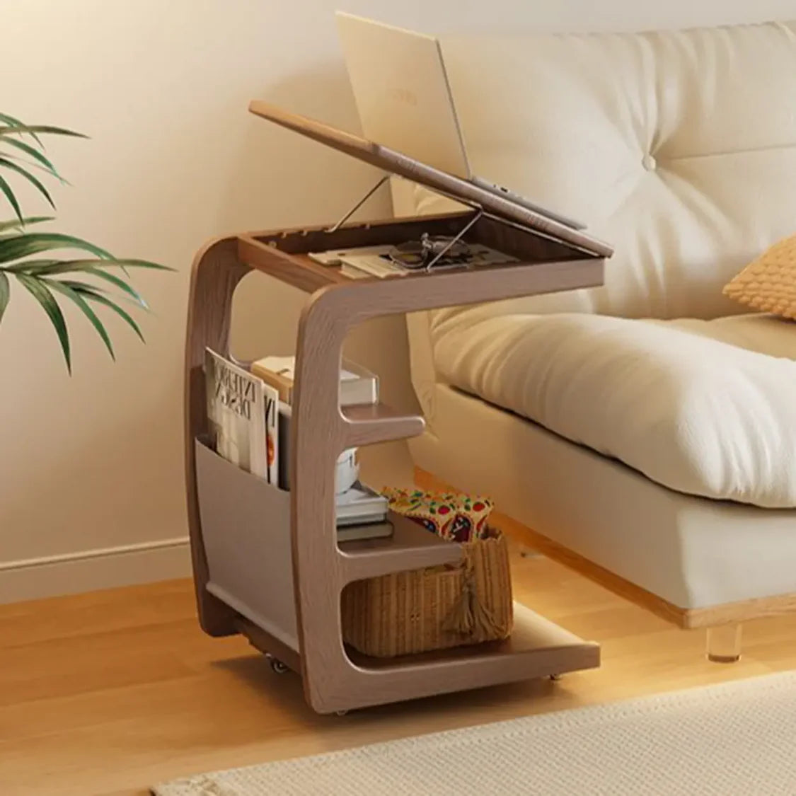 Multi-Tier Brown Wooden Side Table with Storage and Wheels