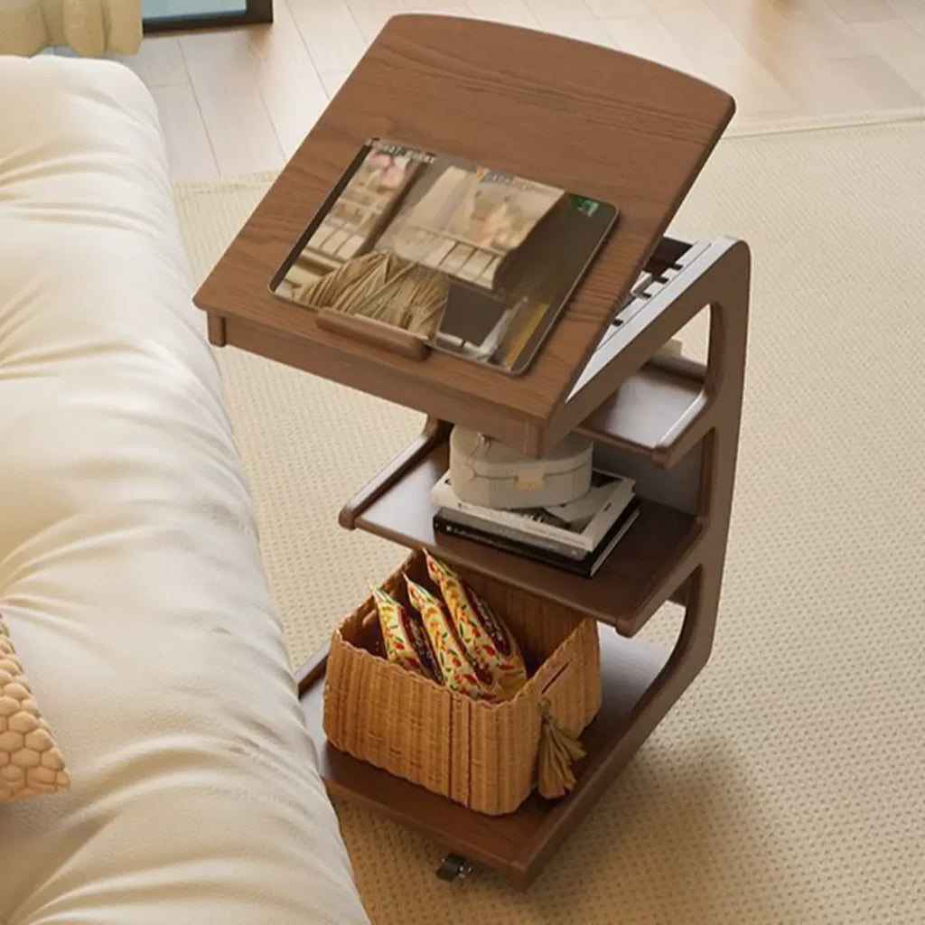Multi-Tier Brown Wooden Side Table with Storage and Wheels