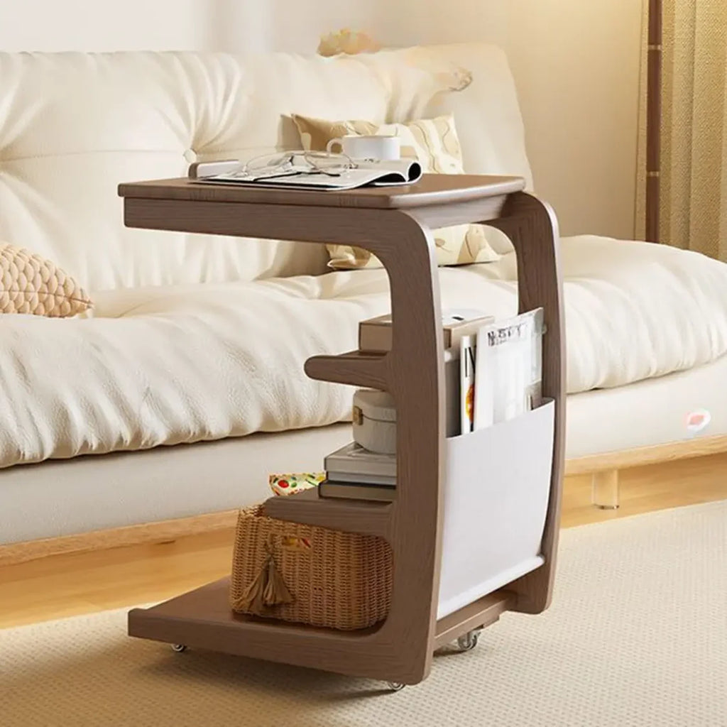 Multi-Tier Brown Wooden Side Table with Storage and Wheels