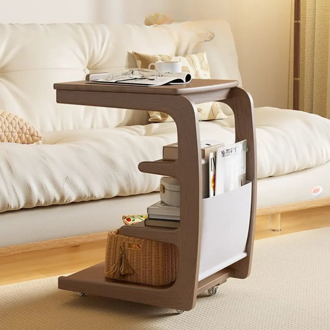 Multi-Tier Brown Wooden Side Table with Storage and Wheels