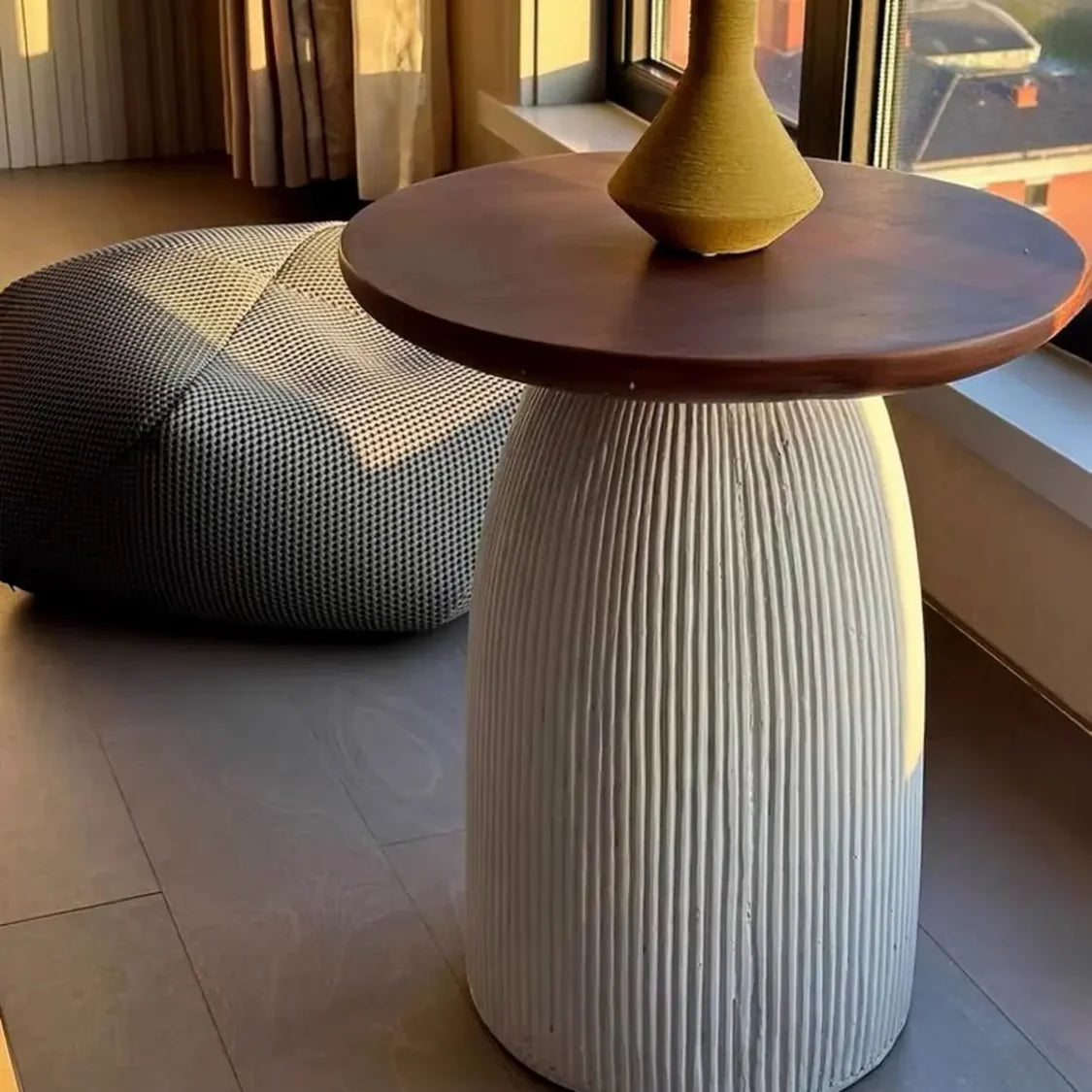 Scandinavian Brown Round Wood Top White Pedestal Side Table