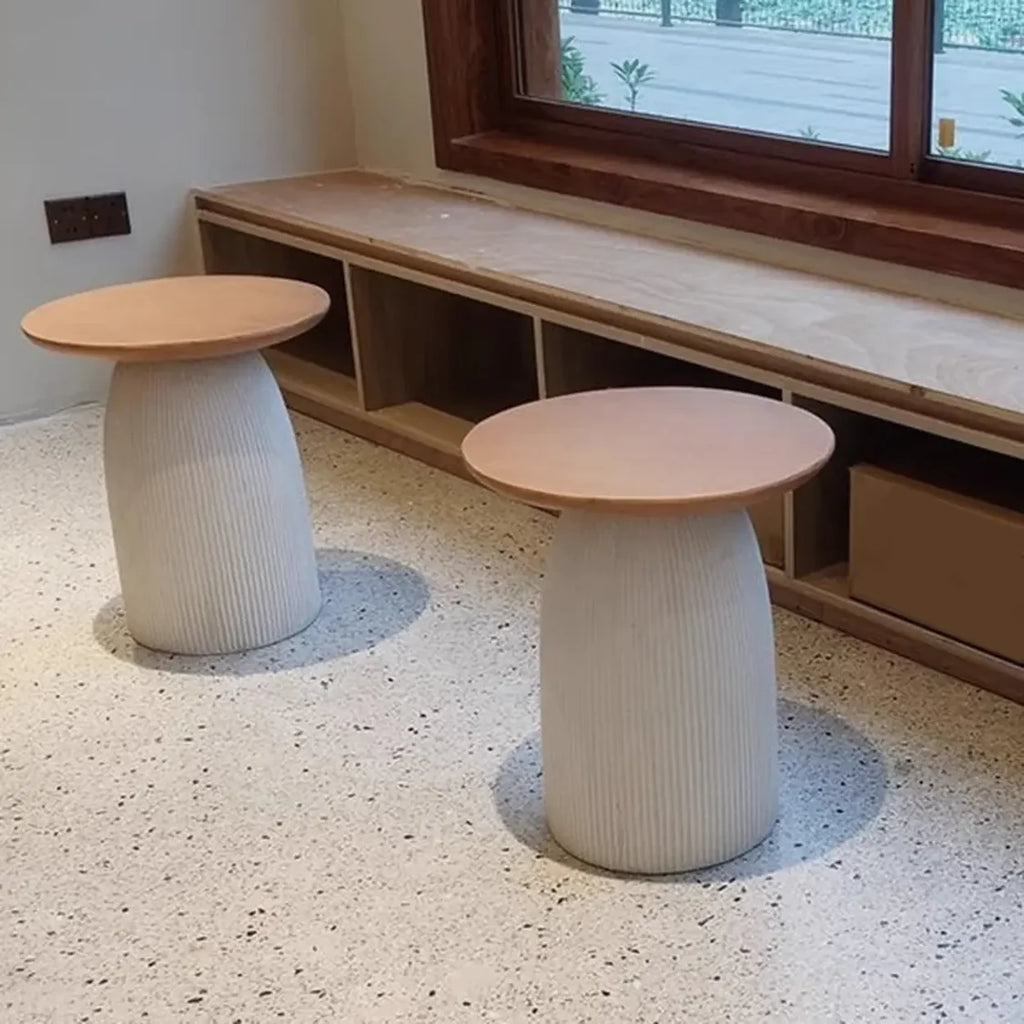 Scandinavian Brown Round Wood Top White Pedestal Side Table