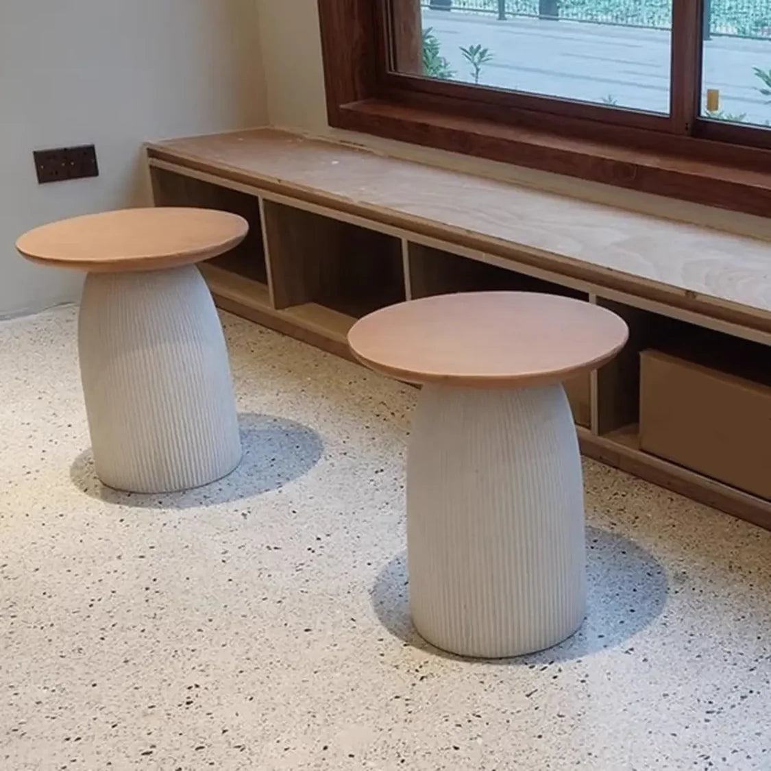 Scandinavian Brown Round Wood Top White Pedestal Side Table